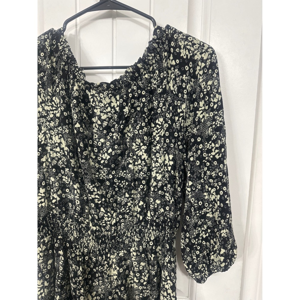 Knox Rose Black Green Floral Smocked Waist Midi Dress Womens Medium Boho Ruffle - Picture 10 of 12